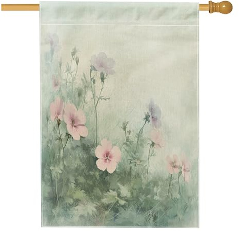 Bandera de geranio de primavera de 28 x 40 pulgadas, doble cara para decoración exterior, flores de campo, arte de hojas de lino, bandera de hogar, patrón floral al aire libre, bandera de césped