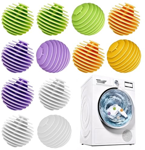 Dengthrive Tumble Dryer Balls: 12Pcs Reusable Rubber Silicone Laundry Balls for Reduce Wrinkles and Cling Soft Fluffy (4 Purple/Yellow/Green/White Each)