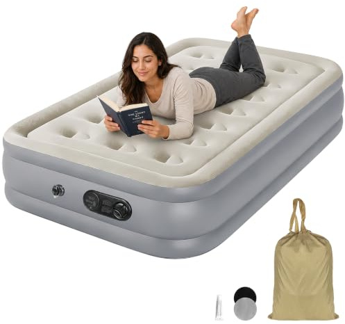 OGMBI Inflatable Air Bed with Built-in Electric Pump, Portable Air Mattress, Comfortable Blow Up Bed for Camping Guest Room Sleepovers (Single Size)