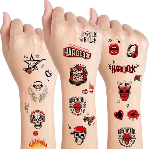 Qpout 10 Fogli di Tatuaggi Temporanei di Musica Rock, Adesivi di Tatuaggi Finti a Tema Chitarra e Musica per Decorazioni di Feste a Tema Anni '80 e '90