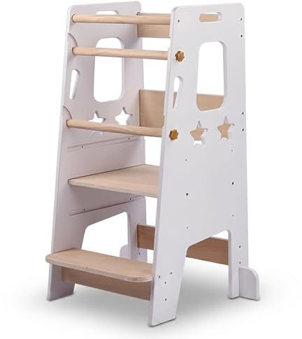 Relaxdays Lernturm Sterne, verstellbare Stehhöhe, Kippschutz, weiß/natur | HBT: 90 x 44 x 44 cm, Kleinkinder Stehhilfe