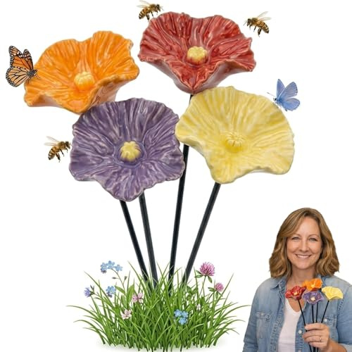 Handgemachte Bienenblüten – Wetterfeste Keramik-Tränken, 4er-Set, Bienentränke Keramik Blume, Schön für den Garten, Hilfreich für die Natur, Für Beete, Balkonkästen, Terrassentöpfe