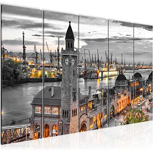 Runa Art Wandbild XXL Hamburg Wohnzimmer Schlafzimmer 200 x 80 cm Grau 5 Teilig - Made in Germany - 603055b