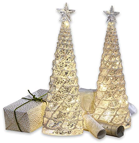 Loberon Deko-Baum 2er Set Glitter, Silber/klar | mit Bauernsilber, inkl. warmweiße LEDs, Wohn-Accessoire,Weihnachtsbeleuchtung, Weihnachtsdekoration, Weihnachten, Glas