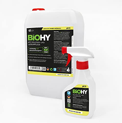 BiOHY KFZ Polster- & Lederpflege (6L Kanister) + Sprühflasche & Auslaufhahn | Staubsaugerdüsen-Reiniger für Auto-Innenraum | Fleckenentferner für Sitze & Teppiche | biologisch abbaubar | Nass-Sauger