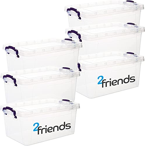 Aufbewahrungsbox mit Deckel, 6 Stück Aufbewahrungsboxen, 22 Liter Boxen Aufbewahrung, Plastikbox mit Deckel, Transparent Kisten Aufbewahrung mit Deckel und lila Griffen, Model: Amira, Made in EU