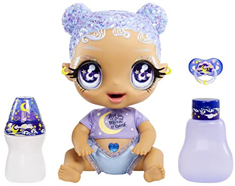 Glitter Babyz MGA Selena Stargazer - Babypuppe mit 3 magischen Farbwechseln durch eiskaltes Wasser, Lila Glitzer-Haar, Mond und Sterne-Outfit, Windel, Flasche und Schnuller - Für Kinder ab 3 Jahren