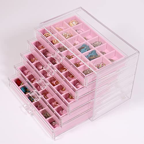 Nwvuop Schmuckkästchen aus transparentem Acryl, Schmuck-Organizer mit 5 Schubladen für Damen, Schmuck-Aufbewahrungsbox für Ringe, Ohrringe, Halsketten, Rosa