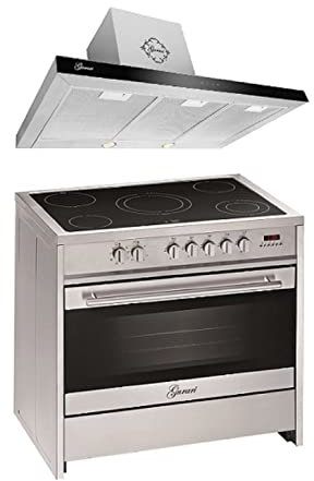 GURARI Herdset Elektro-Standherd GCH E 912 X + GCH F 462 IS 9 PRIME, Backofen Set 90 cm, Schwarz, Range Coocker, 121 L + Dunstabzugshaube, Deckenhaube 120 cm 1000m3/h, Schwarz Glas, Edelstahl