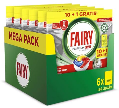 Fairy Platinum Plus Todo en Uno Pastillas Lavavajillas, 66 Capsulas Lavavajillas (6 x 11), Limpieza Profunda y Extra Brillo, Fragancia Limon