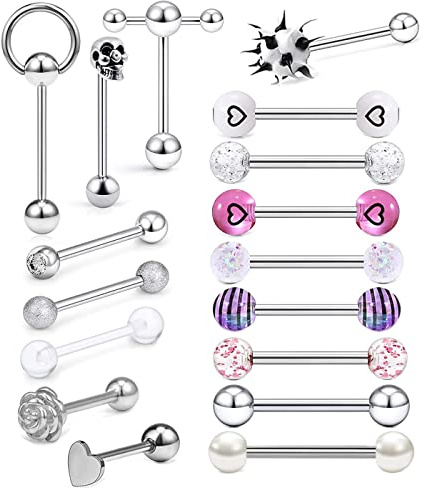 Suotarn 17-40pcs 14G Mix-Color Stainless Steel Straight Barbell Tongue Rings Bars Piercing 5/8 Length Acrylic Glow in Dark Flexible Retainer Body Jewelry for Women Men, Metal, agate