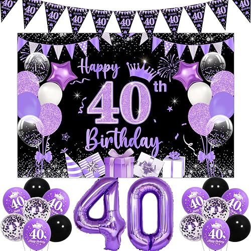 40 Geburtstag Dekoration Lila Schwarz, Happy 40th Birthday Hintergrund Banner für Frauen Männer, 40 Ballon Schwarz Wimpelkette Flagge Lila 40 Folienballon für Sie Ihn 40 Jahre alt BRD Party