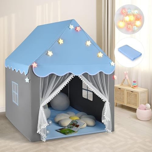 Kids Play Tent, Playhouse Tent w/Washable Cotton Mat, Star String Lights, Windows, Bottom Zippers, Large Indoor & Outdoor Castle Fairy, Easy Assembly, Gifts for Boys & Girls (Blue)