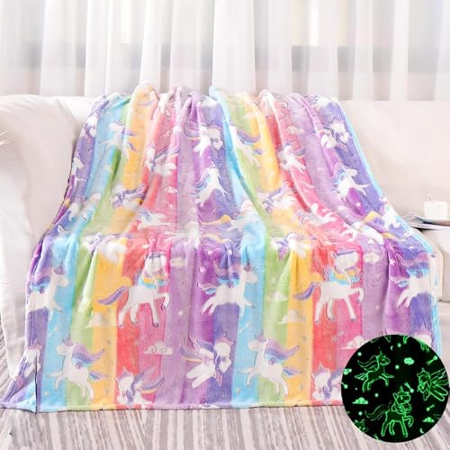 LXTOPN Manta de Unicornio Arcoíris Que Brilla en la Oscuridad - Suave y Mullida para Niño y Niña, 150 x 200 cm