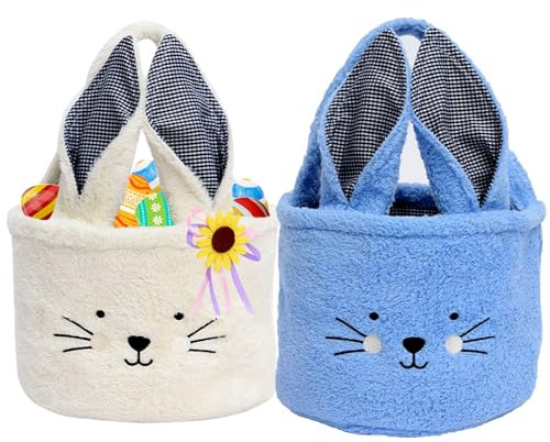 Tierisch süßer Osterkorb - Osterhase Plüschkorb zum Befüllen und Verschenken als frühlingshafte Osterdeko und Geschenkidee für ein blumiges Osternest. (Weiß & Blau)