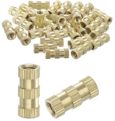 sourcing map Lot de 30 écrous moletés M4 x 14 mm (L) x 6 mm (OD) - Filetage en laiton - Inserts filetés femelles en laiton - Écrous d'encastrement à chaud