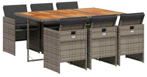 vidaXL Garten Essgruppe mit Kissen 7-TLG., Gartenmöbel Set Sitzgruppe, Essgarnitur Gartengarnitur, Terrasse Balkon Möbel Garnitur, Grau Poly Rattan