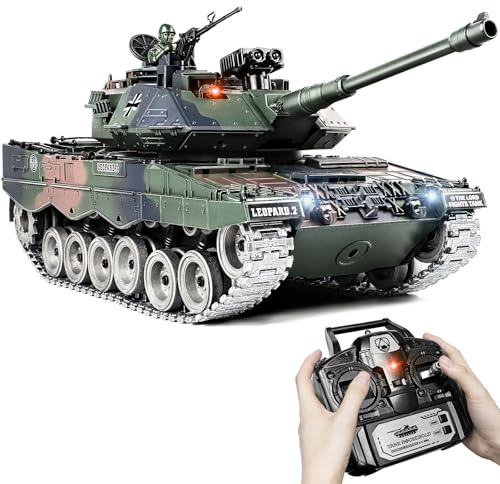 Carro Armato RC Leopard II, Giocattolo Militare Radiocomandato 1:18 Con Cingoli in Metallo, Suoni, Fumo, Luci LED, Rinculo e Torretta Rotante, Giocattolo Telecomandato per Adulti e Bambini, Spara BB
