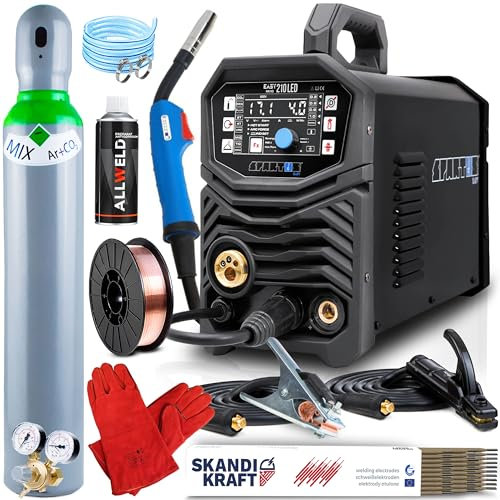 Spartus EasyMIG 210 LED - 3 in 1 Saldatrice a Filo Continuo con Gas da 200A - Sinergia - MIG/MAG, TIG, Filo Animato, MMA - Induttanza, Saldobrasatura - 2T/4T - Per Saldare: Alluminio, Inox - Set Pro