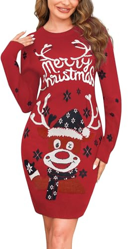 Wayleb Robe Pull de Noël Femme - Tricot Chaud d'hiver avec Motifs Renne et Flocons - Robe d'hiver Chic et Élégante à Manches Longues et Col Rond S-3XL
