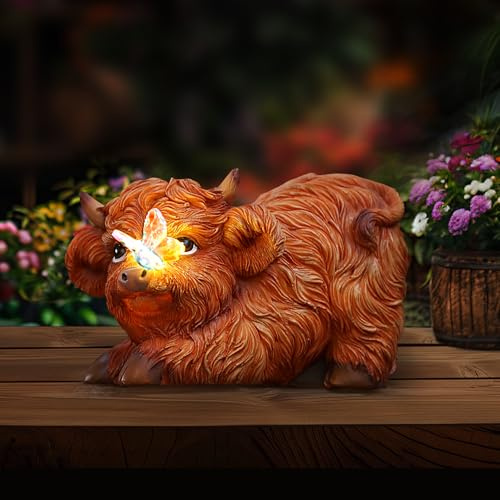 Roundot Highland Cow Solar Powered Outdoor Garden Statue Resin Yard Decor