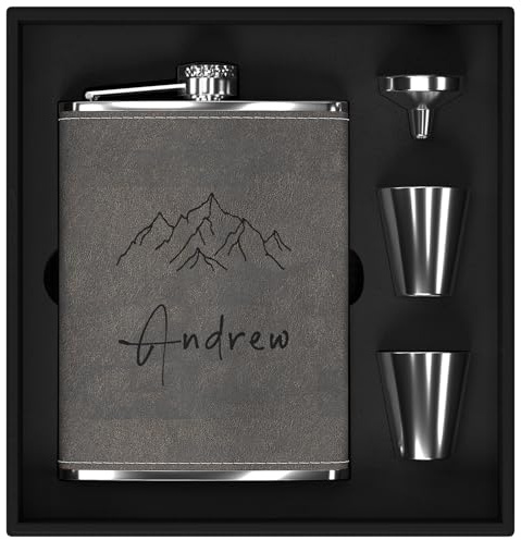 Flachmann Set mit Gravur der Berge, Flachmann Edelstahl 8oz/237ml Personalisiert für Geburtstagsgeschenke, Personalisierte Geschenke für Männer Ihn Camper Wanderer (Grau)