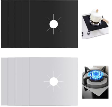 KtbeYTi 10 Piezas Protectores de Estufa a Gas Cubiertas para Hornillos Gas,Reutilizables, Doble Espesor, Revestimiento Antiadherente, para La Mayoría De Las Estufas De Gas (Negro + Plateado)