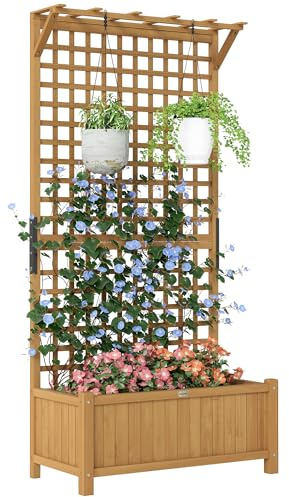 Outsunny Hochbeet Pflanzkasten mit Rankgitter, Spalier Pflanzkübel Blumenkasten Holz, Gartenspalier 90 x 45 x 183cm für Garten Balkon Terrasse, Blumenkübel für Kletterpflanzen Korbpflanzen, Blumen
