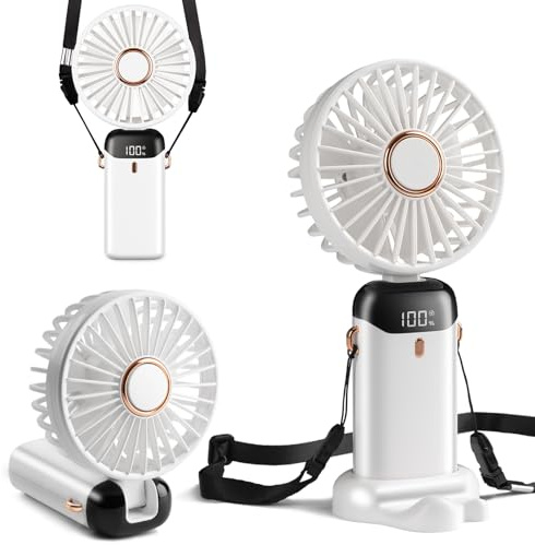 Mini fickfläkt, typ C-batteri, fläkt med 4 000 mAh uppladdningsbart batteri och digital display, 90° vikbar, 3-i-1 hand/nacke/skrivbord, fläkt