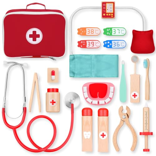 KidMigo Mallette de médecin en bois pour enfants à partir de 3 ans - 15 pièces - Mallette de docteur pour enfants - Jouet dentiste - Jeux de docteur avec accessoires - Stéthoscope