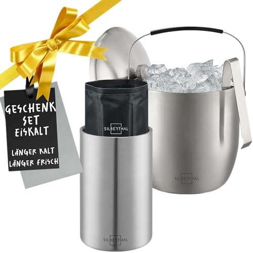 SILBERTHAL Weinkühler Edelstahl & Eiswürfelbehälter 3l mit Deckel und Zange | Flaschenkühler Set - mit 2 Kühlakkus - Praktisches Weinzubehör und Bar Accessoire