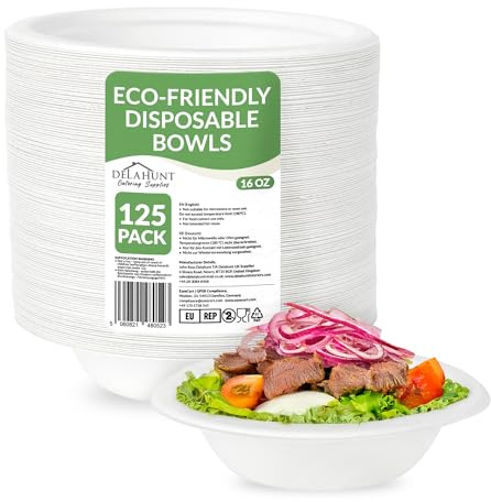 16oz (470ml) Disposable Bowls [125 Pack] - Heavy-Duty Bowls Made from Moulded Plant Fibre | Strong, White, PFAS & BPA-Free Compostable Tableware for Hot Food, Pasta, Salad, Dessert, Parties & Catering