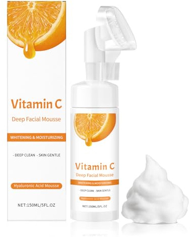 Vitamin C Foaming Face Cleanser, Vitamin C Brightening Foam Face Wash, Foaming Facial Cleanser with Brush, Deep Cleansing & Moisturizing, Reduces Fine Lines & Wrinkles, Exfoliates the Skin