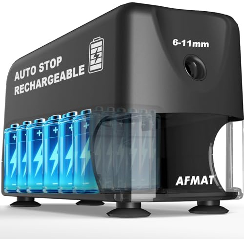 AFMAT Automatischer Elektrischer Anspitzer, Auto-Stop Wiederaufladbarer Elektrischer Spitzer mit Behälter für 6-11 mm Stifte,Schnelles Spitzen in 2s, 10,000 Spitzvorgänge,Schwarz PSD3