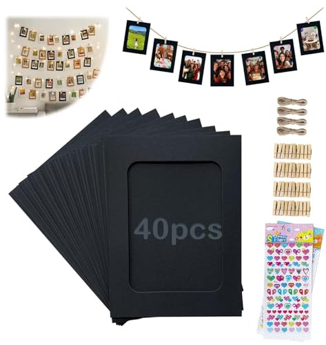 PDKKFF 40 Stycken Fotogirland 11,4x15,5cm Fottöj med Klämmor, 6 Tums Svart Papper Bildramar med Träklämmor, Hamprep och Klistermärken - för Banner Bröllop Födelsedag Fest Jubileum Foto Dekoration