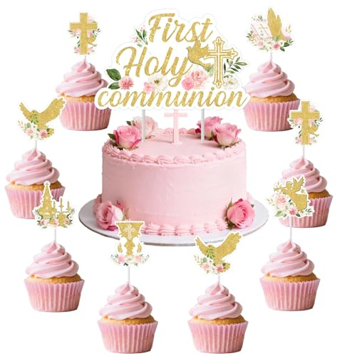 Jollyboom Erstkommunions-Dekorationen für Mädchen, Rosa, 25 Stück, Heilige Erstkommunion, Cupcake-Topper, Kreuz, Taube, Gral, Kuchendekoration für Konfirmation, Taufe, Taufe, Partyzubehör