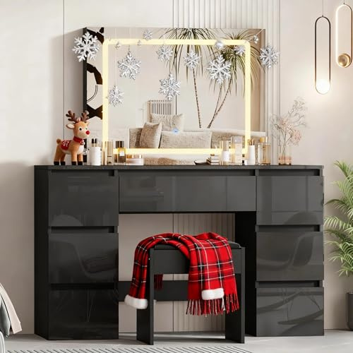 BSTSEL 120x40x75 cm White High Gloss 7 Drawers Dressing Table Vanity Desk with Stool Set Makeup Table with Large Adjustable Brightness Mirror for Bedroom 7 Chest of Drawers Dresser (Black)