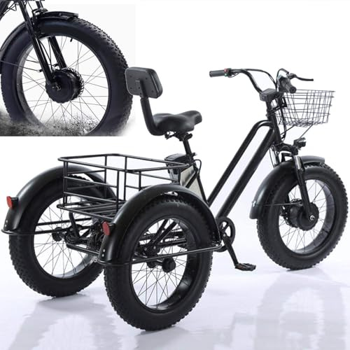 Tricycle électrique adulte à trois roues - Batterie amovible 48 V/12 Ah, vélo cargo électrique 20 pouces, pneus larges, autonomie de 35 km, idéal pour les courses et les pique-niques, charge maximal