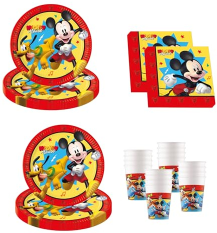 Procos - Decoración de cumpleaños Mickey Mouse Jump Into Fun, 52 piezas, platos de cartón, vasos y servilletas para cumpleaños infantiles, vajilla de fiesta