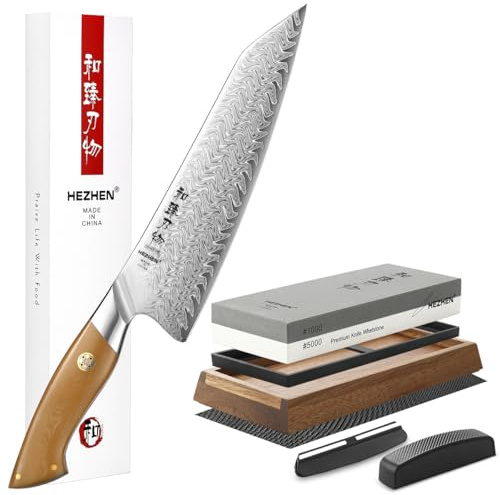 HEZHEN Couteau de Chef Damas avec Pierre à Aiguiser Grande Professionnel Aiguiseur de Couteau