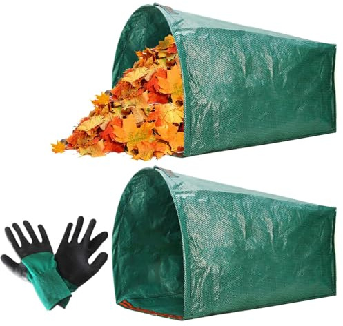Sacchetti per rifiuti da giardino – Sacchetti per rifiuti da giardino con manici – Borsa robusta raccoglitore di foglie – 2 pezzi di pattumiera da giardino con guanti riutilizzabili per esterni