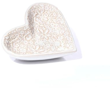 Small Ditsy Floral Heart Trinket Dish | 14x13cm White Stoneware Jewellery Dish with Embossed Flower Design for Bedroom and Home Decor
