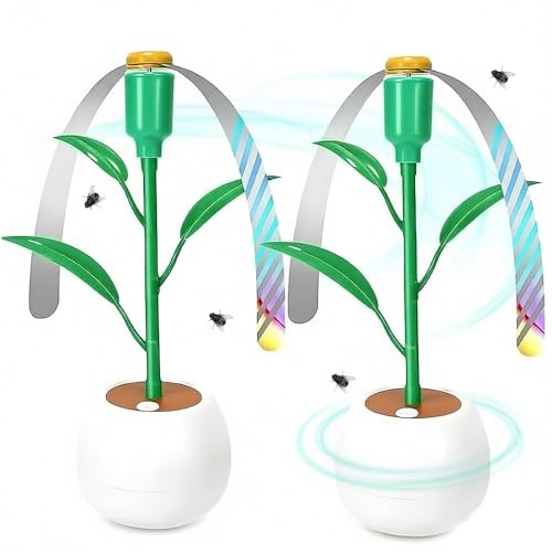 Dhqkqg Lot de 2 plumeaux anti-mouches avec interrupteur, portable, à suspendre, électrique, avec 3 feuilles vertes, pour cuisine, terrasse, jardin