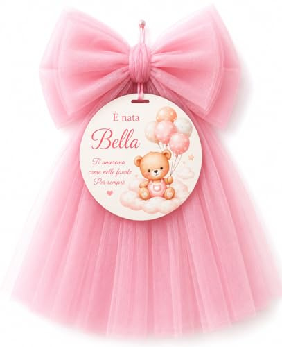 Generico Fiocco Nascita Personalizzato con Nome e Frase, Decorazione Artigianale in Legno per Porta cameretta Neonato, Regalo Nascita Originale (Rosa, Orsetto)