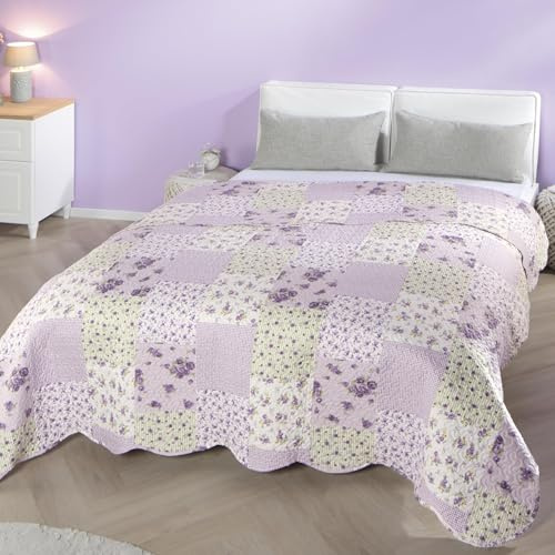 Delindo Lifestyle Överkast 240 x 260 cm, för dubbelsäng, romantiskt patchwork-överkast med lila rosor, lantlig stil, mjukt och shabby chic