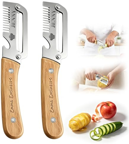 Pelador multifuncional personalizado, cuchillo pelador 2 en 1 rallador, pelador verduras doble hoja inox, pelador patatas mango madera antideslizante (2 peladores ralladores)