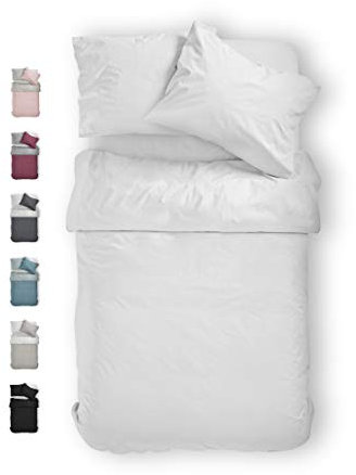 BLUE MOON Ropa de cama de satén Mako, 135 x 200 cm, 100% algodón, fabricada en la UE, 1 funda nórdica de 135 x 200 cm y 1 funda de almohada de 80 x 80 cm (blanco, 135 x 200 + 80 x 80 cm)