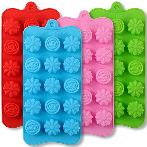 Newk 15 Cavity Silicone Flower Mold, 4 Packs Nonstick Food Grade Silicone Mold DIY for Chocolates, Candies, Ice Cubes, Jellos, Handmade Soap, and Bath Bombs