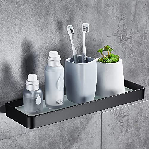 DUFU Mensola Adesiva Bagno Doccia Senza Foratura - Organizzatore Spaziale con Vetro Temperato 30cm, Alluminio Antiruggine, No Danni Parete (Nero) - Accessori Bagno Compatti