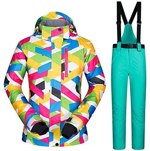 Damen Skijacke und Hose im Set, wasserdicht, winddicht, Snowboarden, bunt bedruckt, Schneeanzug, Kapuzenmantel, Reißverschluss, Hellgrün, S